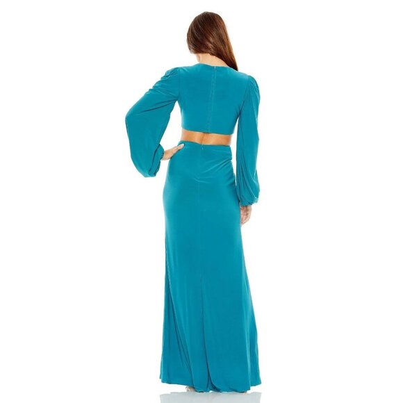 NWT Mac Duggal Jersey Puff Sleeve Cut Out Column Gown Ocean Blue 10 - Picture 5 of 8